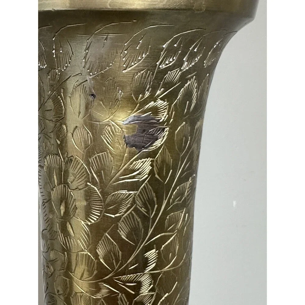 Vintage Pair Etched Brass Vases 11.5” Floral Engraved Made in India Boho Decor